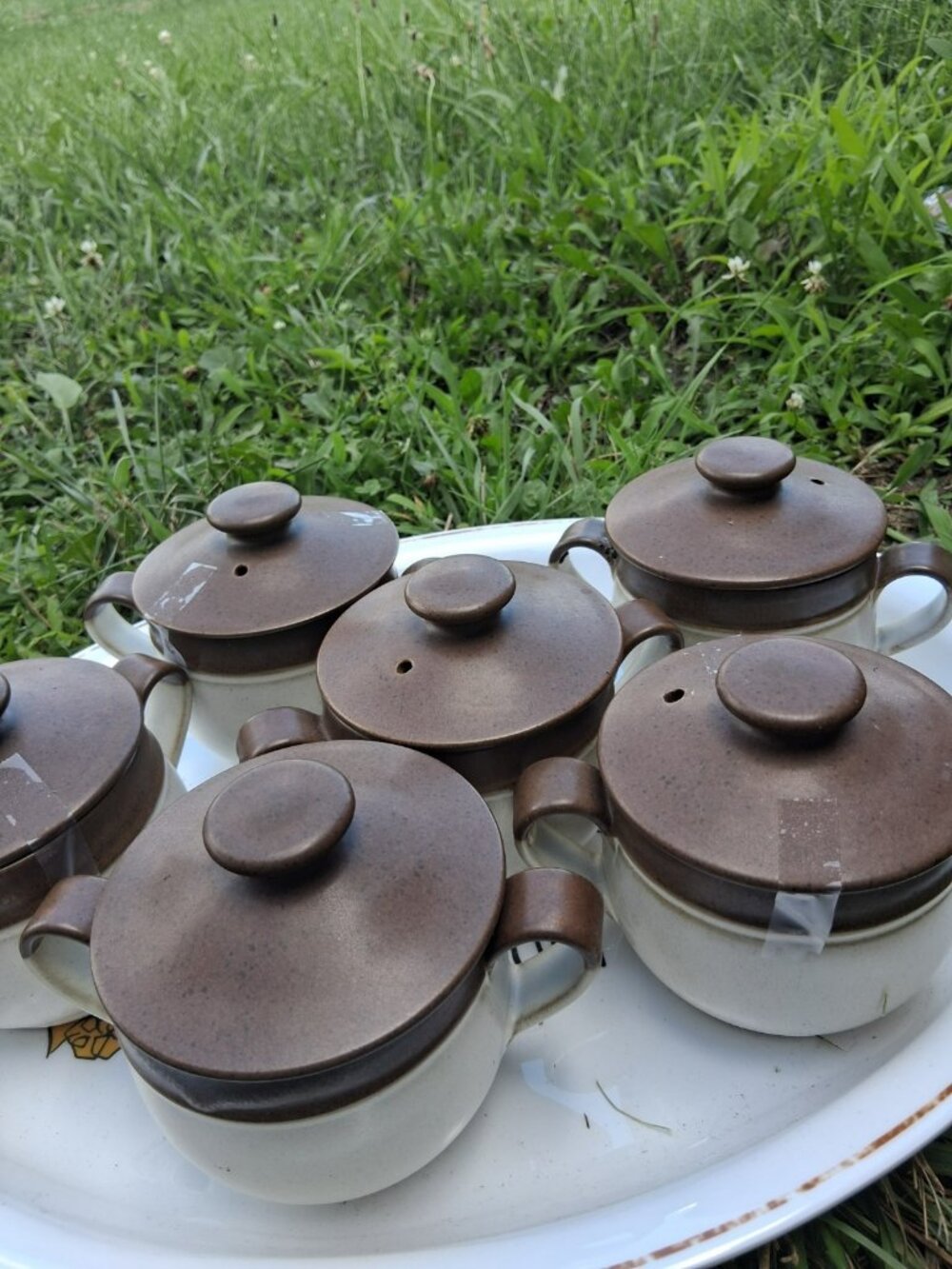1960s Denby Langley England Stoneware Brown Cream Pottery LiddedIndividual X 6